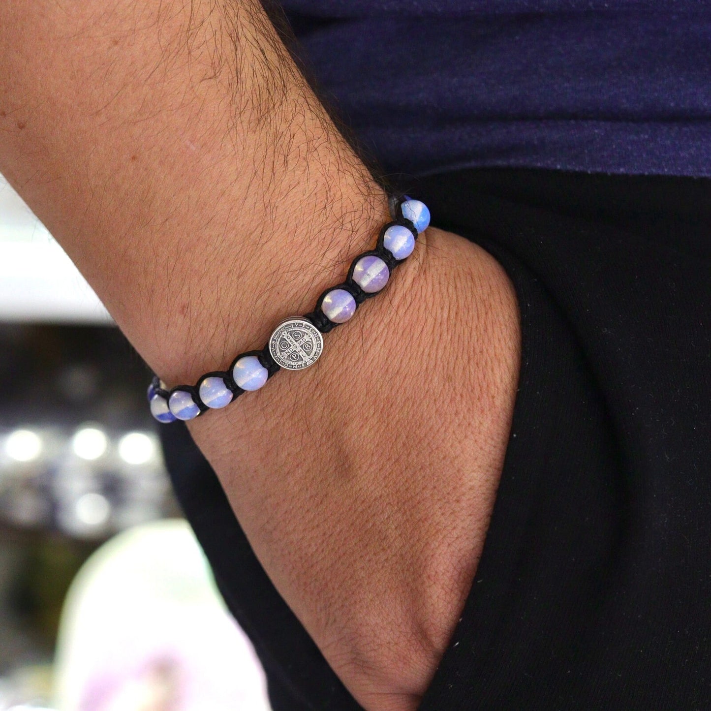 Pulsera San Benito, pulsera opalita azul, pulsera San Benito ópalo azul, pulsera rosario, pulsera plata de ley con santos