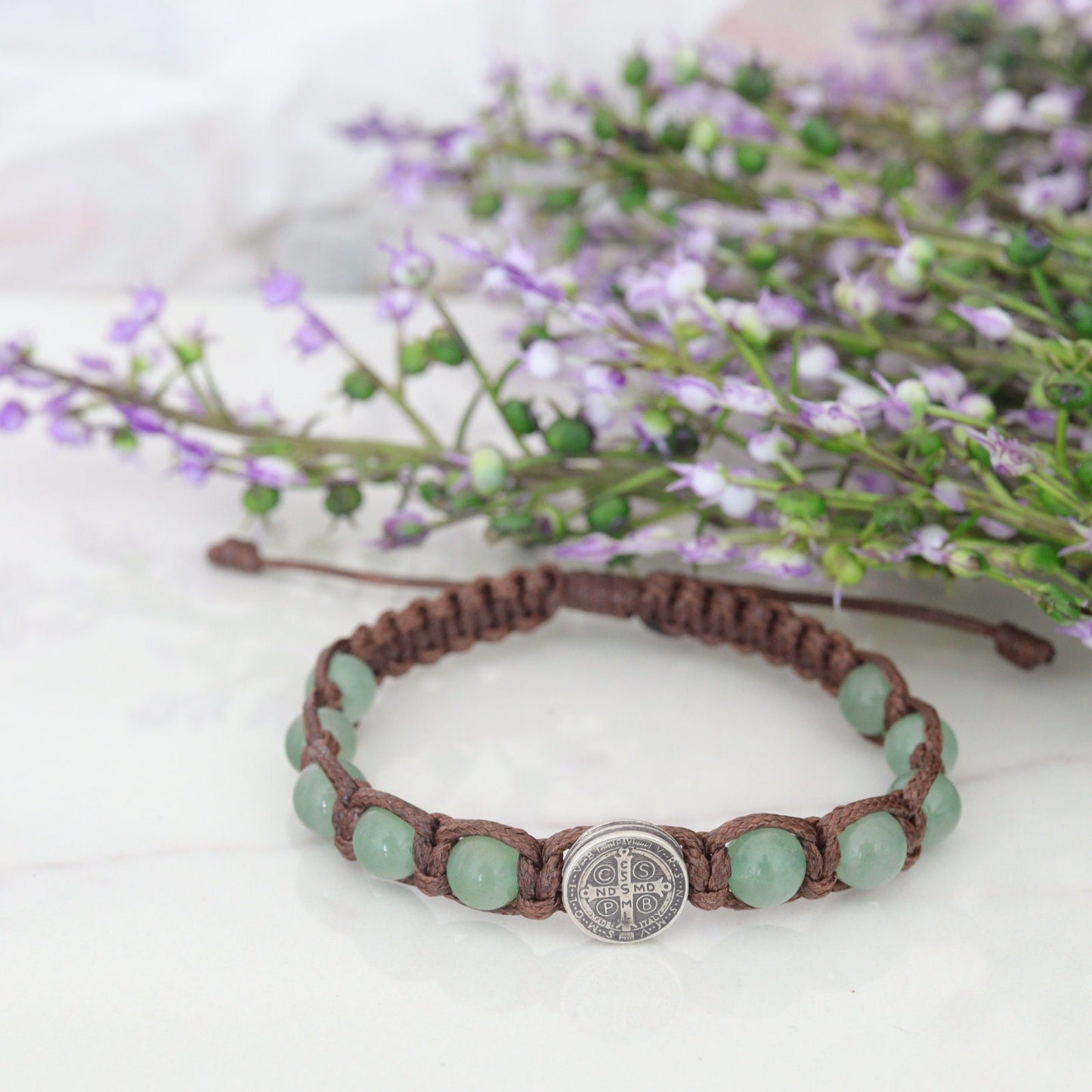 Pulsera de cuentas de rosario de plata de ley 925 de San Benito, pulsera de rosario de aventurina verde, pulsera de santo católico de tamaño ajustable unisex