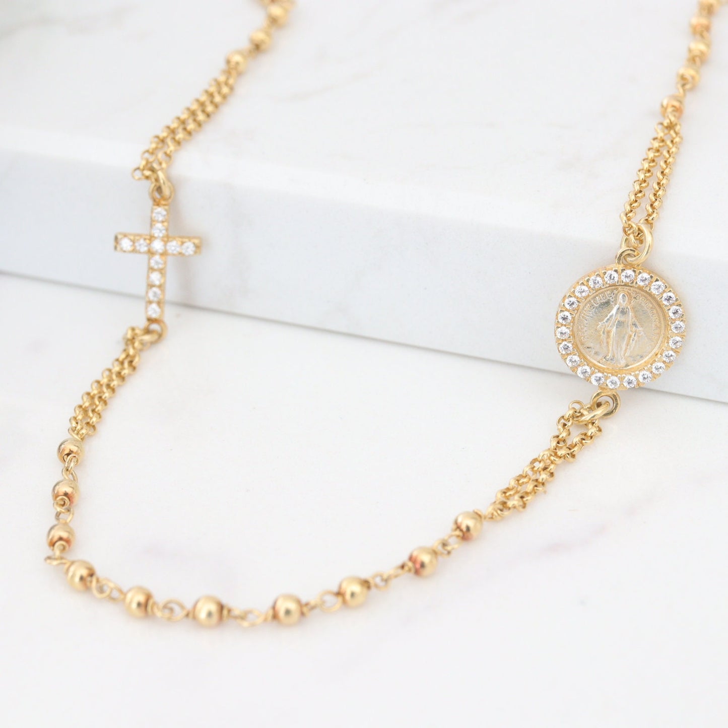 Collar de rosario relleno de oro para mujer, Collar chapado en oro de la Medalla Milagrosa con circonio cúbico, collar de rosario de plata de ley 925m