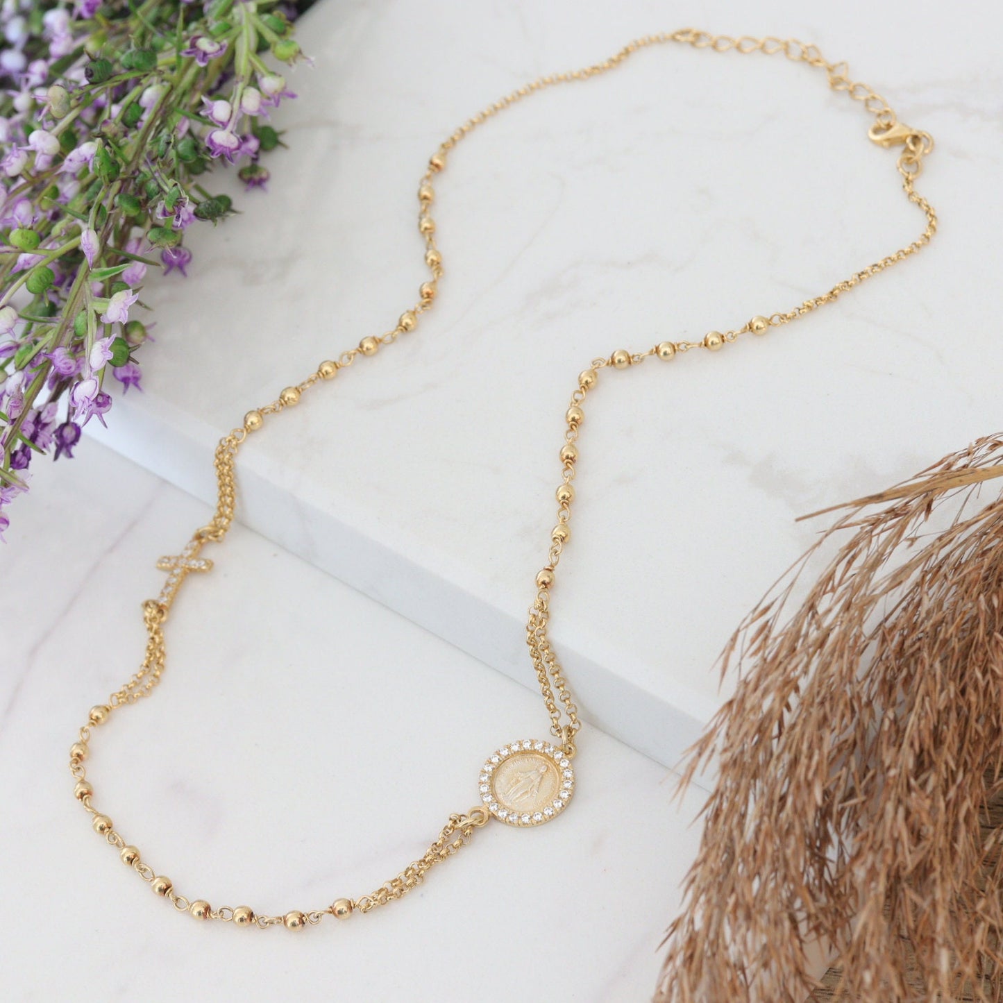 Collar de rosario relleno de oro para mujer, Collar chapado en oro de la Medalla Milagrosa con circonio cúbico, collar de rosario de plata de ley 925m