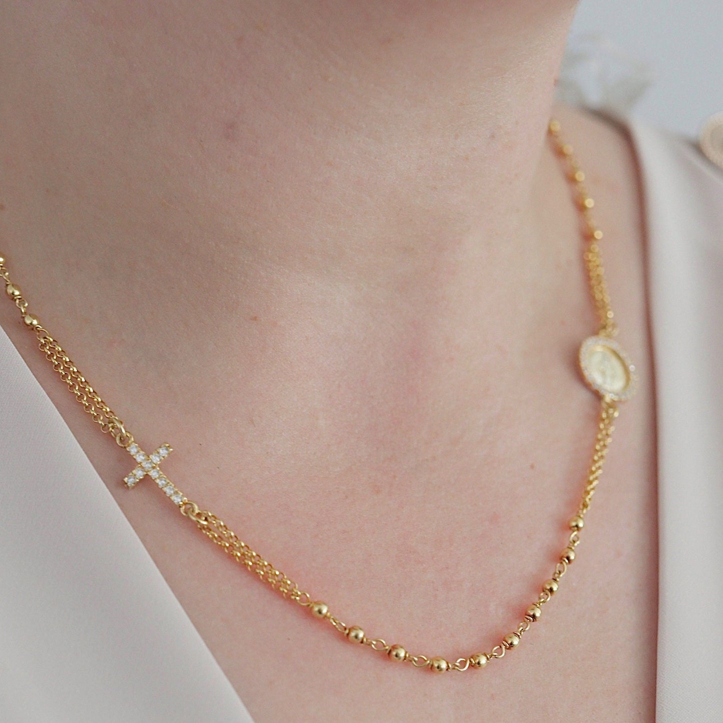 Collar de rosario relleno de oro para mujer, Collar chapado en oro de la Medalla Milagrosa con circonio cúbico, collar de rosario de plata de ley 925m
