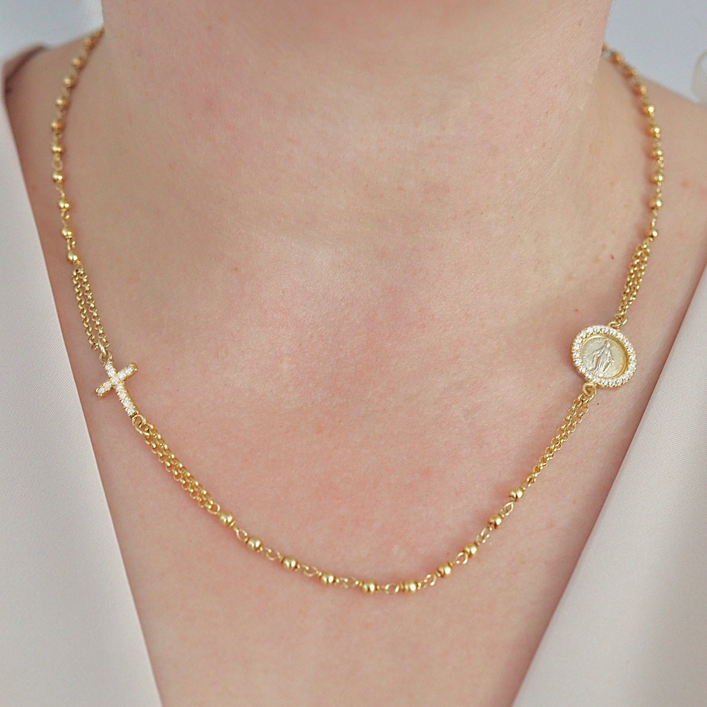 Collar de rosario relleno de oro para mujer, Collar chapado en oro de la Medalla Milagrosa con circonio cúbico, collar de rosario de plata de ley 925m