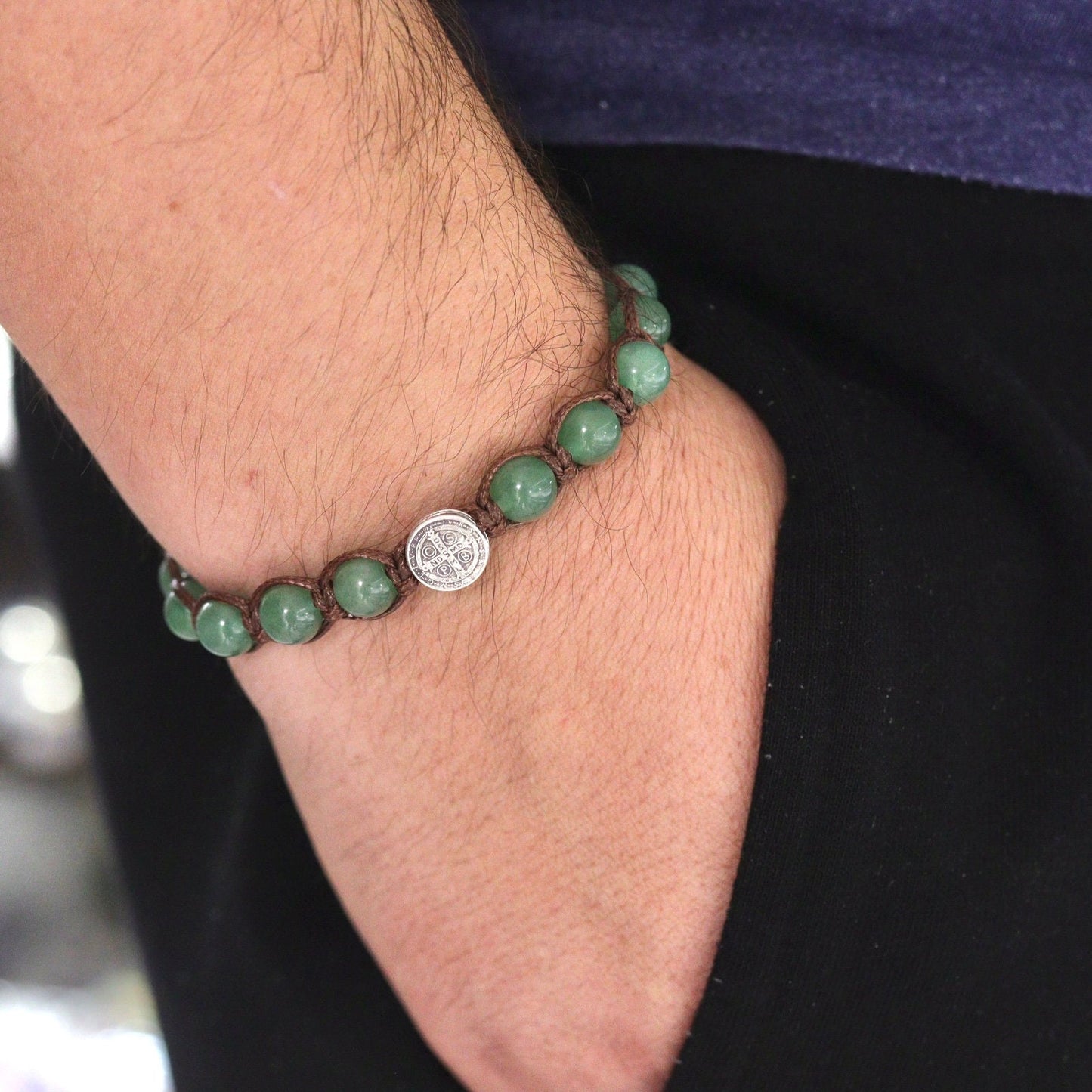 Pulsera de cuentas de rosario de plata de ley 925 de San Benito, pulsera de rosario de aventurina verde, pulsera de santo católico de tamaño ajustable unisex
