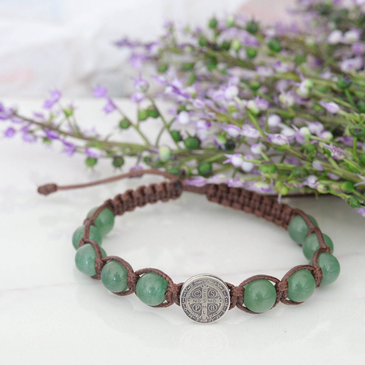 Pulsera de cuentas de rosario de plata de ley 925 de San Benito, pulsera de rosario de aventurina verde, pulsera de santo católico de tamaño ajustable unisex
