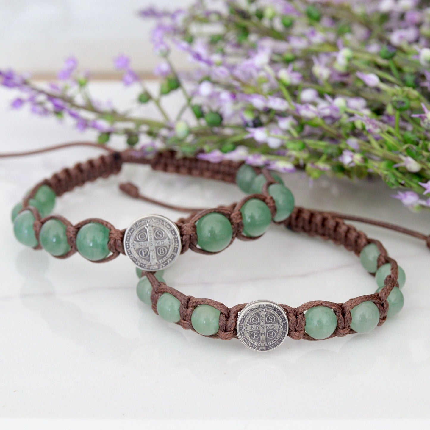 Pulsera de cuentas de rosario de plata de ley 925 de San Benito, pulsera de rosario de aventurina verde, pulsera de santo católico de tamaño ajustable unisex