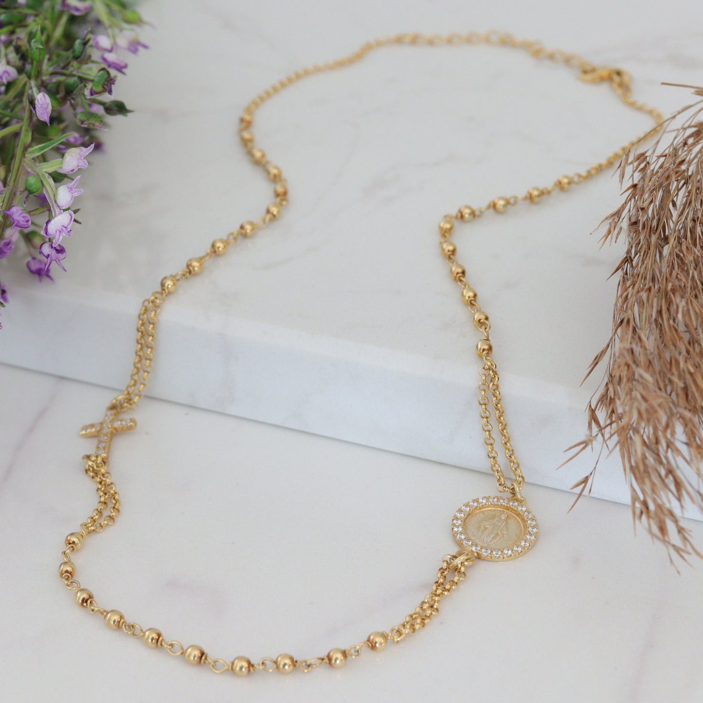 Collar de rosario relleno de oro para mujer, Collar chapado en oro de la Medalla Milagrosa con circonio cúbico, collar de rosario de plata de ley 925m