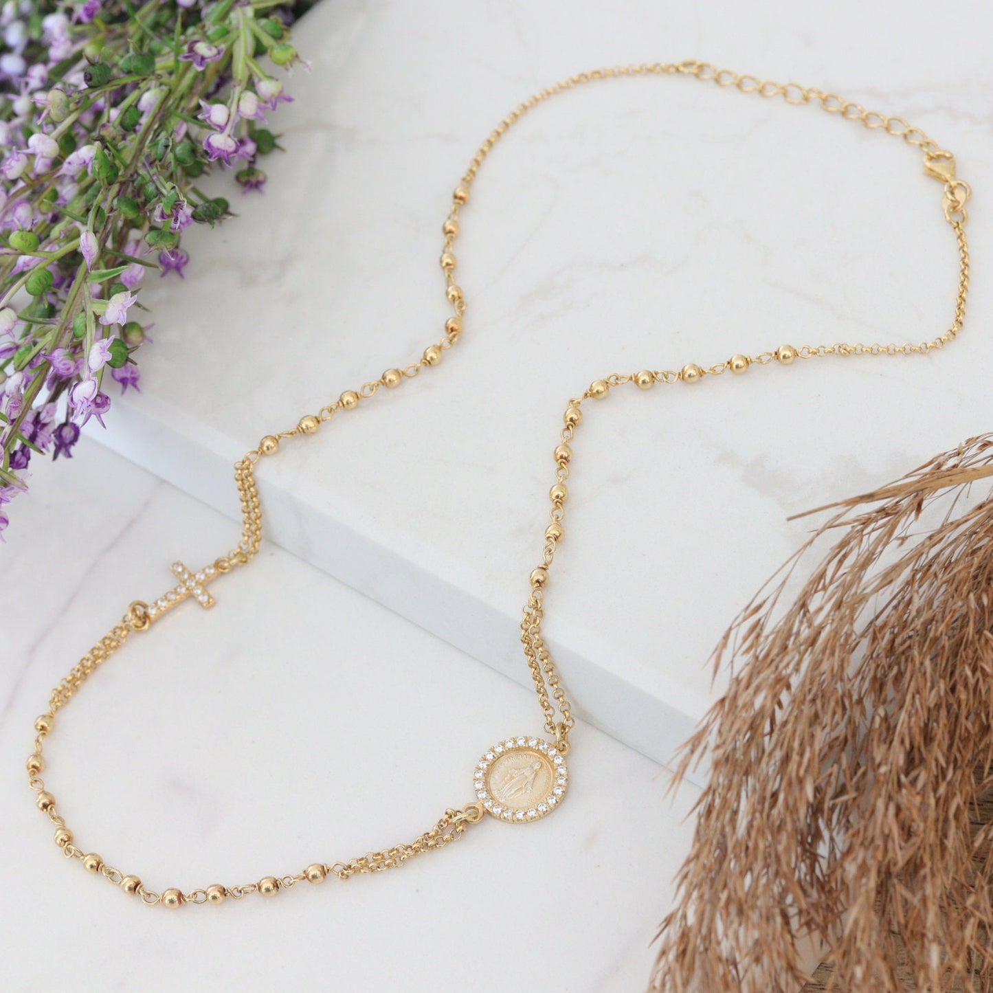 Collar de rosario relleno de oro para mujer, Collar chapado en oro de la Medalla Milagrosa con circonio cúbico, collar de rosario de plata de ley 925m