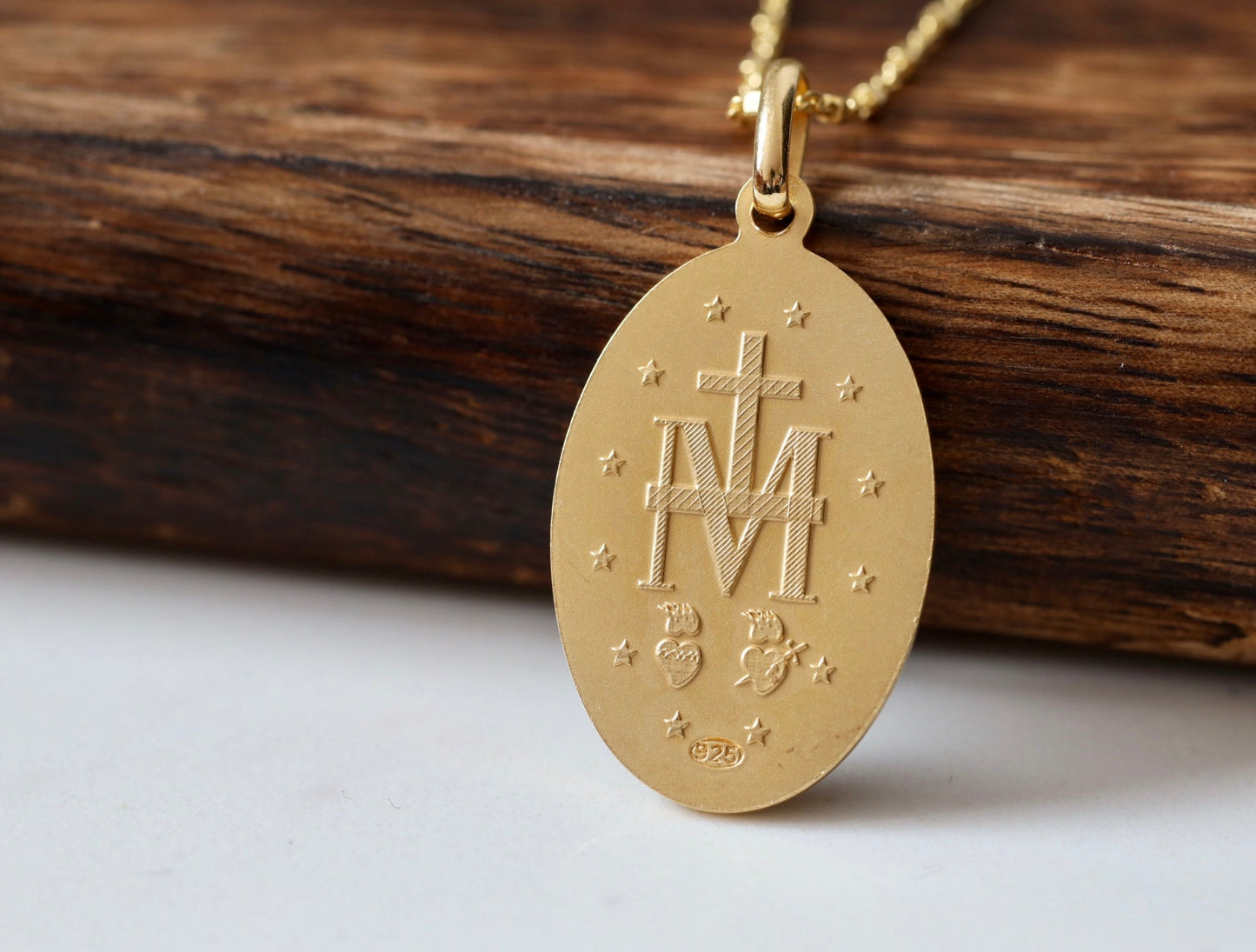 Medalla Milagrosa de plata de ley 925 con baño de oro de 18 kt, collar de Nuestra Señora de Gracia de 18 pulgadas de oro sobre plata de ley de 28 mm