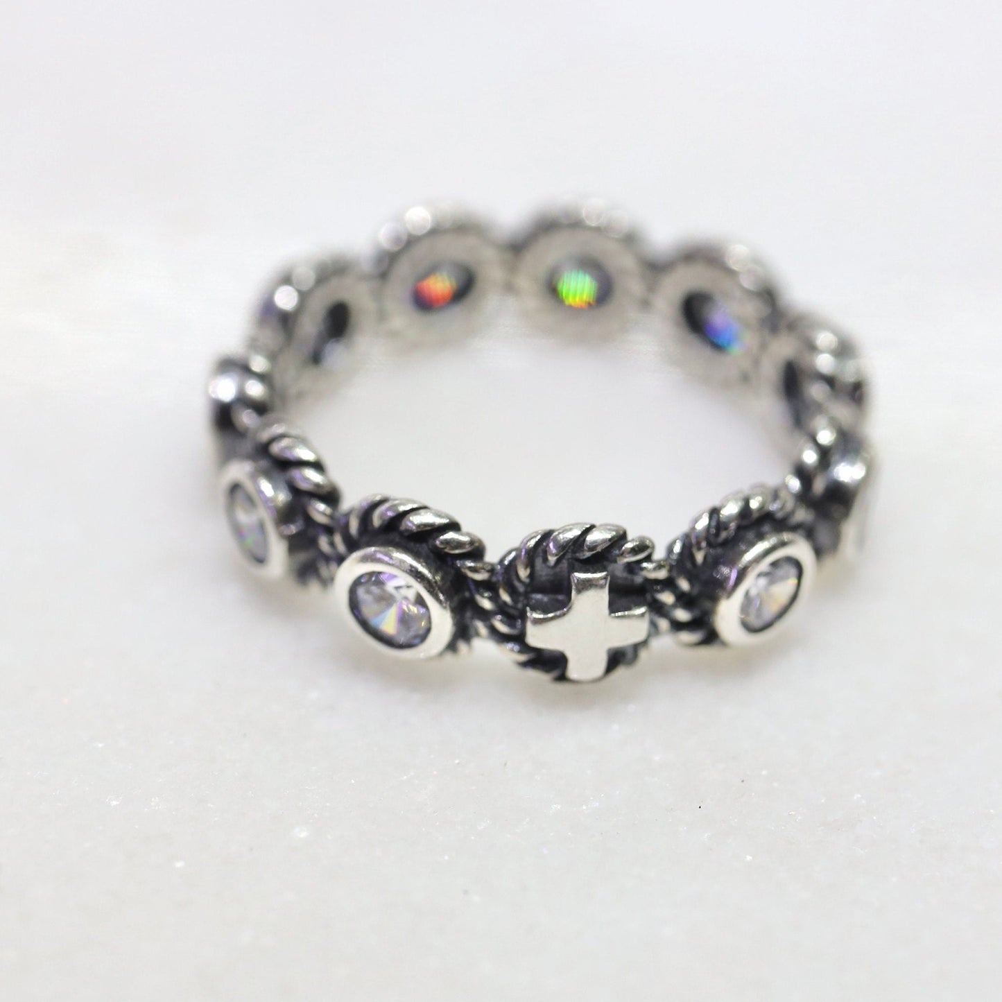 Anillo rosario de plata de primera ley, anillo rosario con circonitas, anillo rosario de plata de primera ley estilo vintage, anillo rosario Medjugorje, anillo estilo vintage