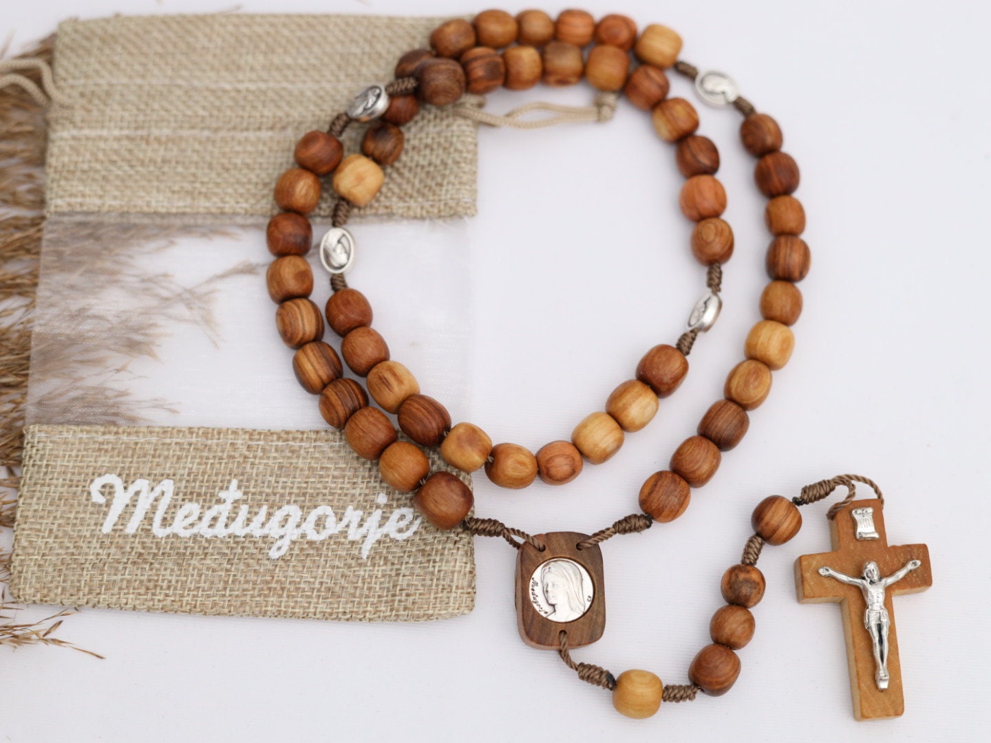 Rosario de madera de olivo, rosario grande, rosario hecho a mano, rosario católico, rosario para hombre, rosario con medalla de Medjugorje, medalla de la Divina Misericordia