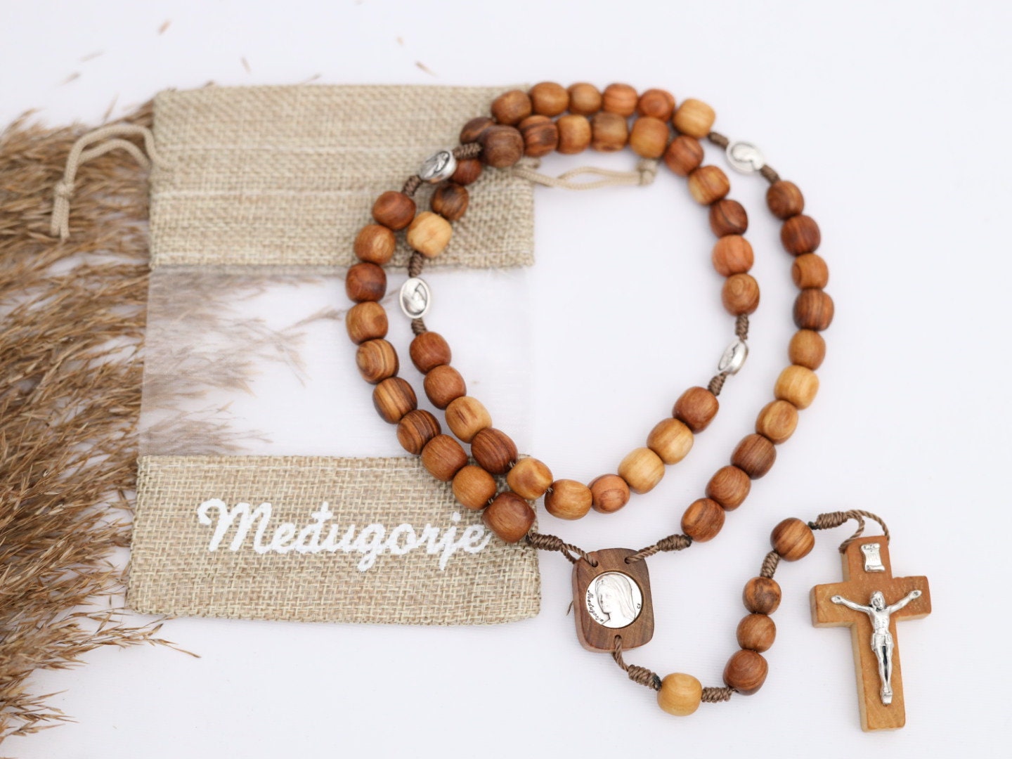 Rosario de madera de olivo, rosario grande, rosario hecho a mano, rosario católico, rosario para hombre, rosario con medalla de Medjugorje, medalla de la Divina Misericordia