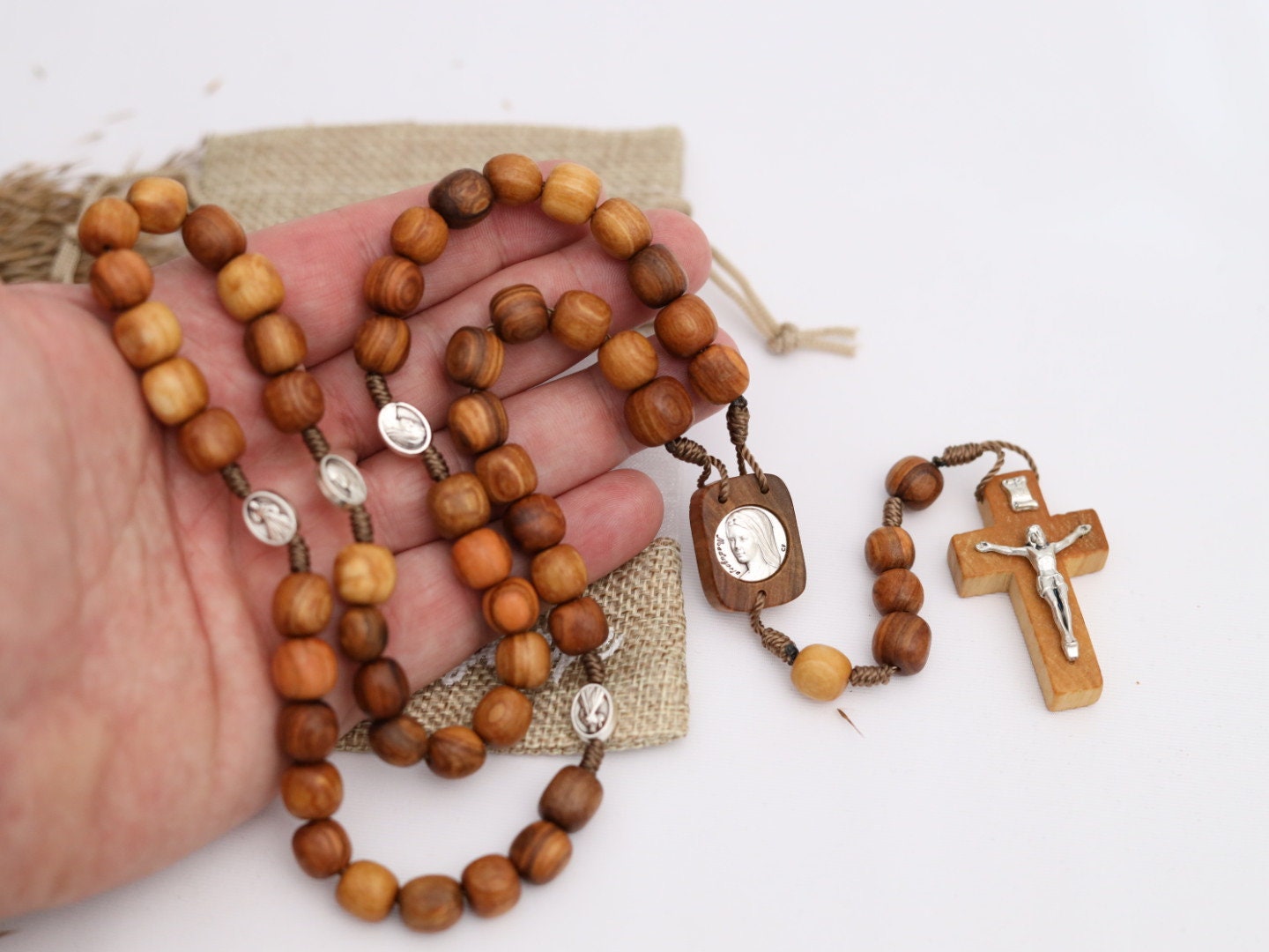 Rosario de madera de olivo, rosario grande, rosario hecho a mano, rosario católico, rosario para hombre, rosario con medalla de Medjugorje, medalla de la Divina Misericordia
