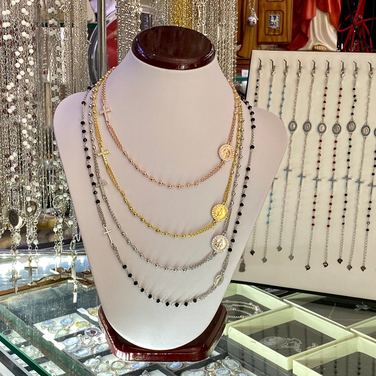 Collar de rosario relleno de oro para mujer, Collar chapado en oro de la Medalla Milagrosa con circonio cúbico, collar de rosario de plata de ley 925m