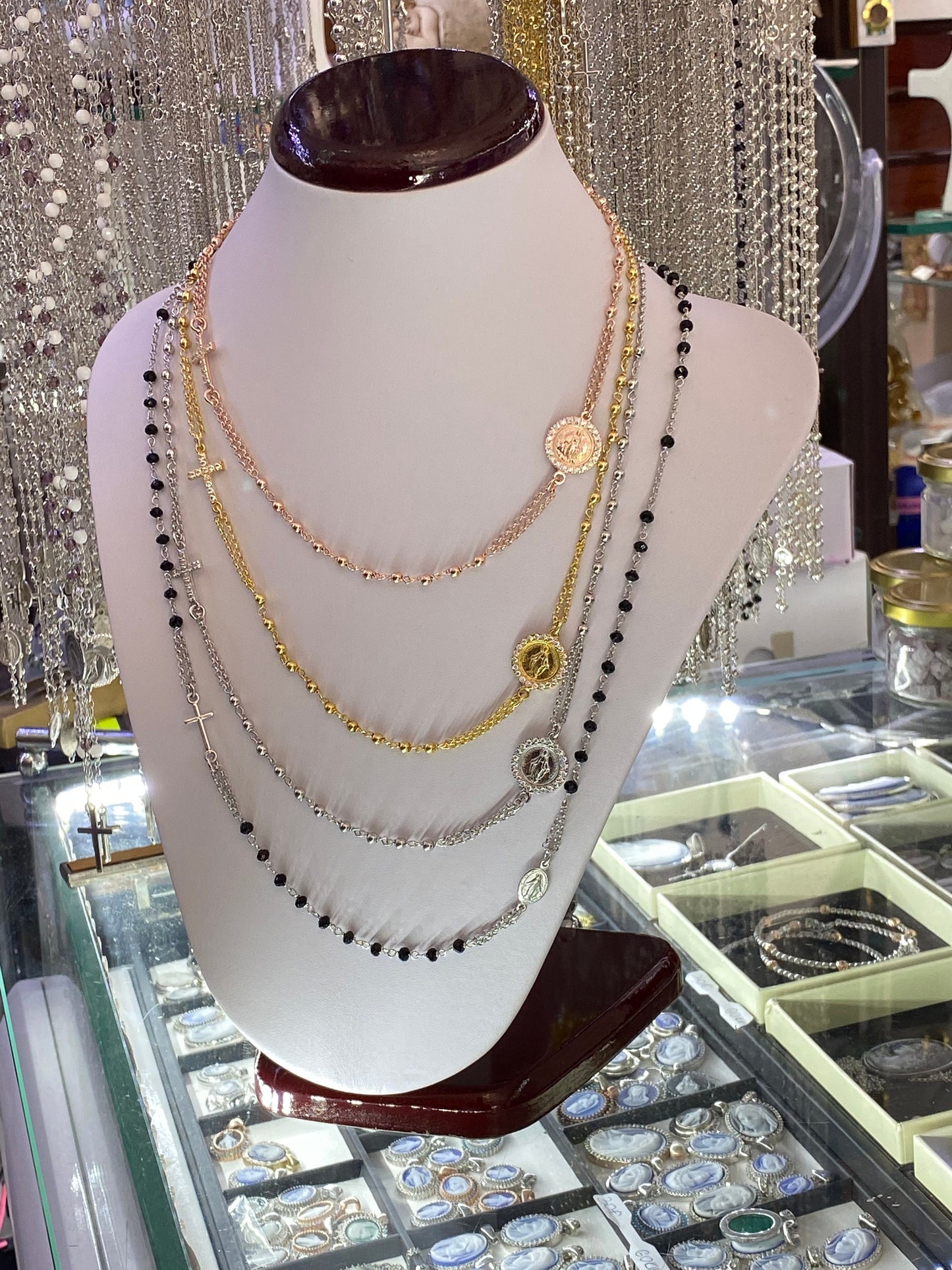 Collar de rosario relleno de oro para mujer, Collar chapado en oro de la Medalla Milagrosa con circonio cúbico, collar de rosario de plata de ley 925m
