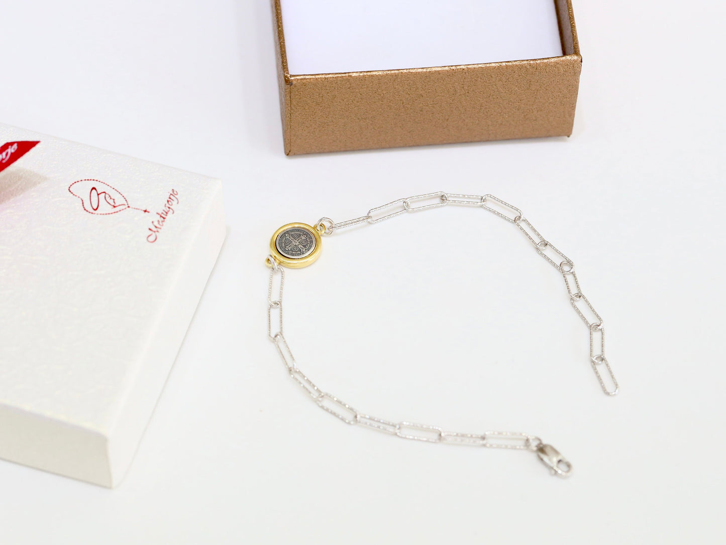 Pulsera PAPERCLIP San Benito, plata de ley 925, pulsera Totus Tuus, sujetador católico, regalo para católica, pulsera de protección PARA MUJER
