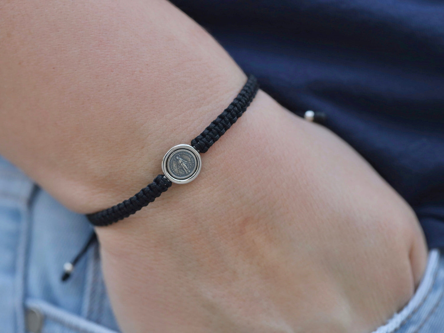 Pulsera Medalla Milagrosa, pulsera Nuestra Señora para mujer, pulsera de plata de ley 925, pulsera medalla en miniatura, pulsera delicada para niñas,