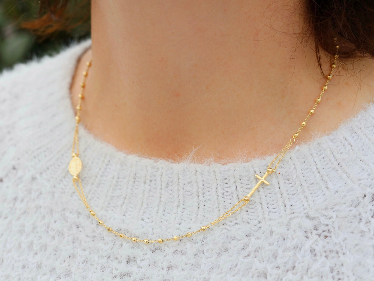 Dainty gold plated rosary necklace, minimalist sterling silver necklace, Miraculous Medal necklace, 18 inch necklace for teenage girl