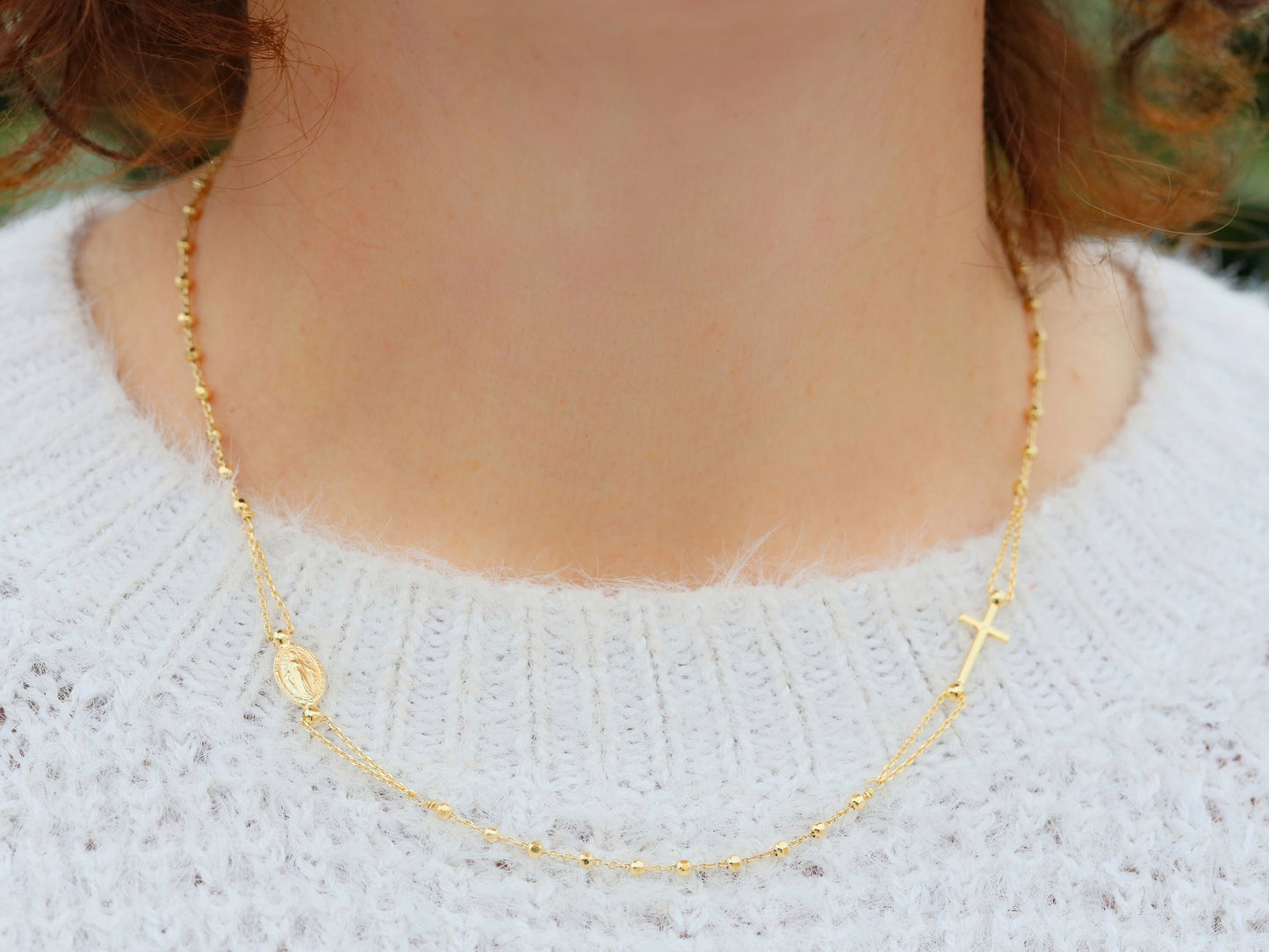 Dainty gold plated rosary necklace, minimalist sterling silver necklace, Miraculous Medal necklace, 18 inch necklace for teenage girl