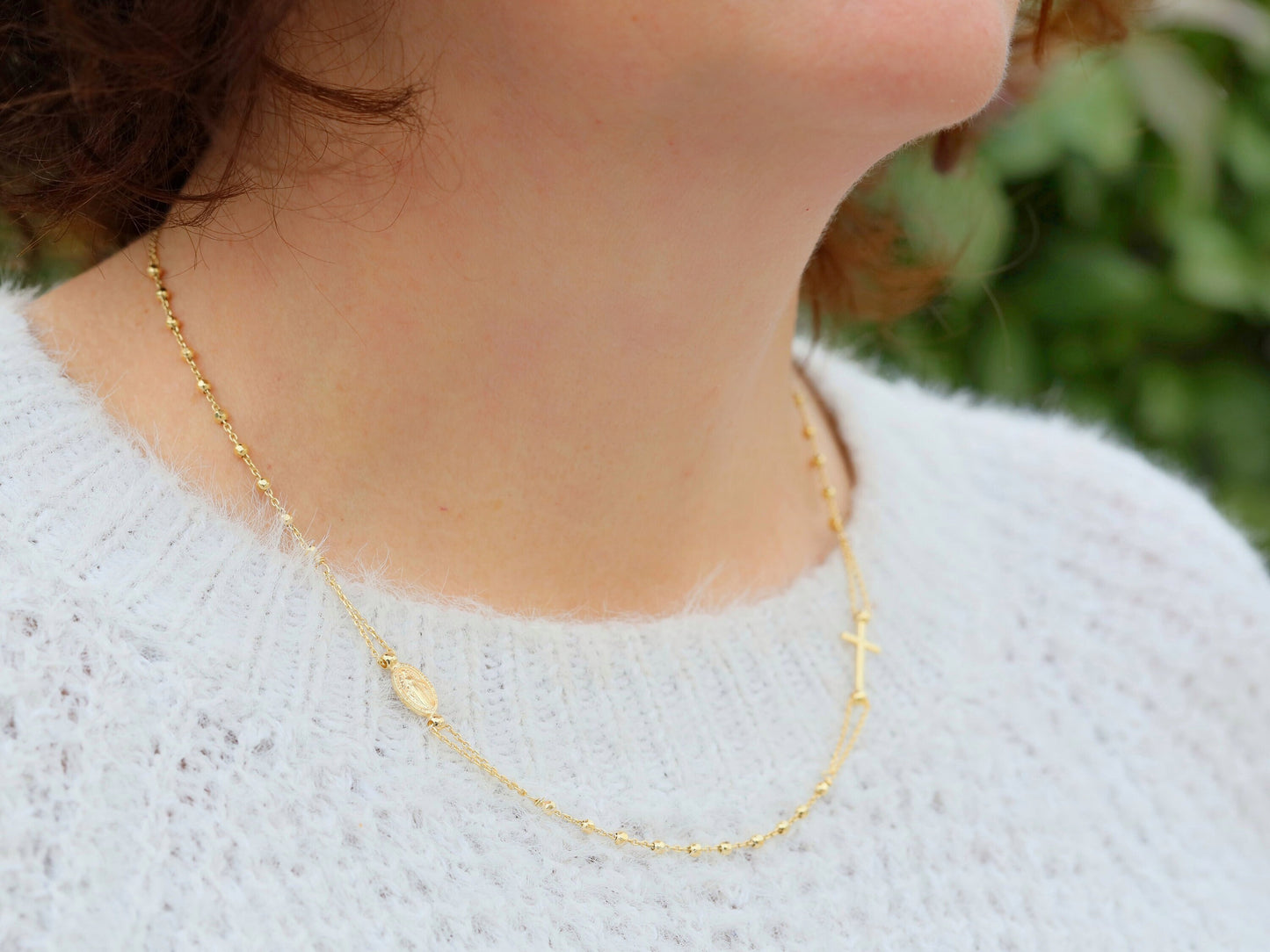 Dainty gold plated rosary necklace, minimalist sterling silver necklace, Miraculous Medal necklace, 18 inch necklace for teenage girl