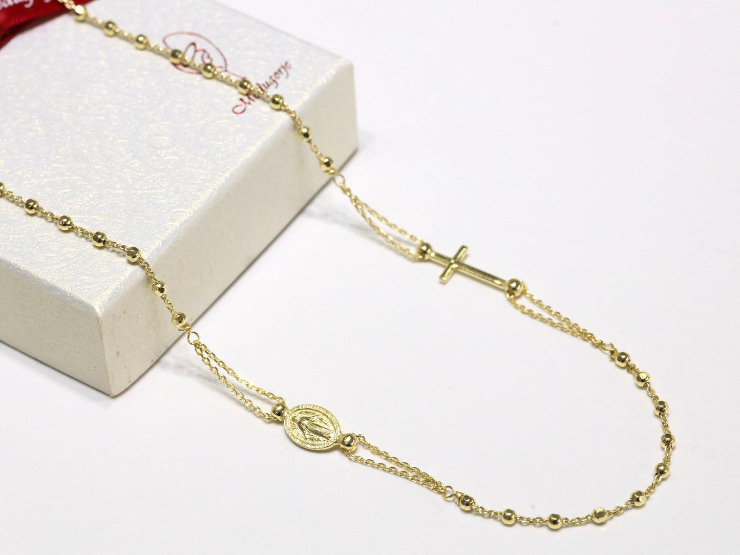 Dainty gold plated rosary necklace, minimalist sterling silver necklace, Miraculous Medal necklace, 18 inch necklace for teenage girl