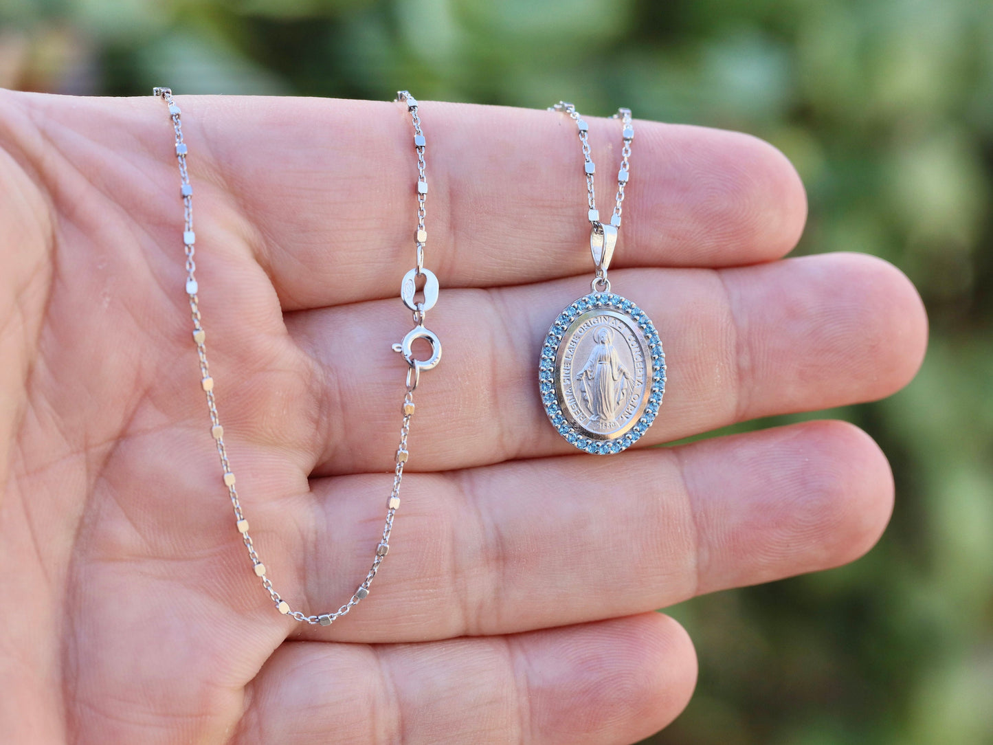 Colgante Medalla Milagrosa, plata de ley 925, medalla para mujer católica, colgante Nuestra Señora de Gracia, Medalla Milagrosa en circonio azul