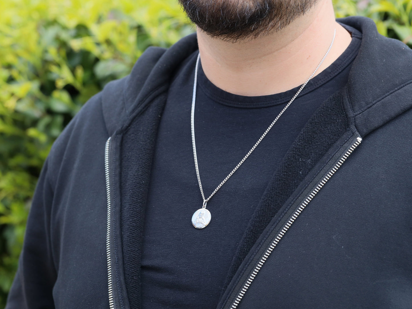Medalla Escapulario de 19 mm, Escapulario redondo de plata de ley, medalla escapulario para hombre, Sagrado Corazón de Jesús con collar Nuestra Señora del Monte Carmelo