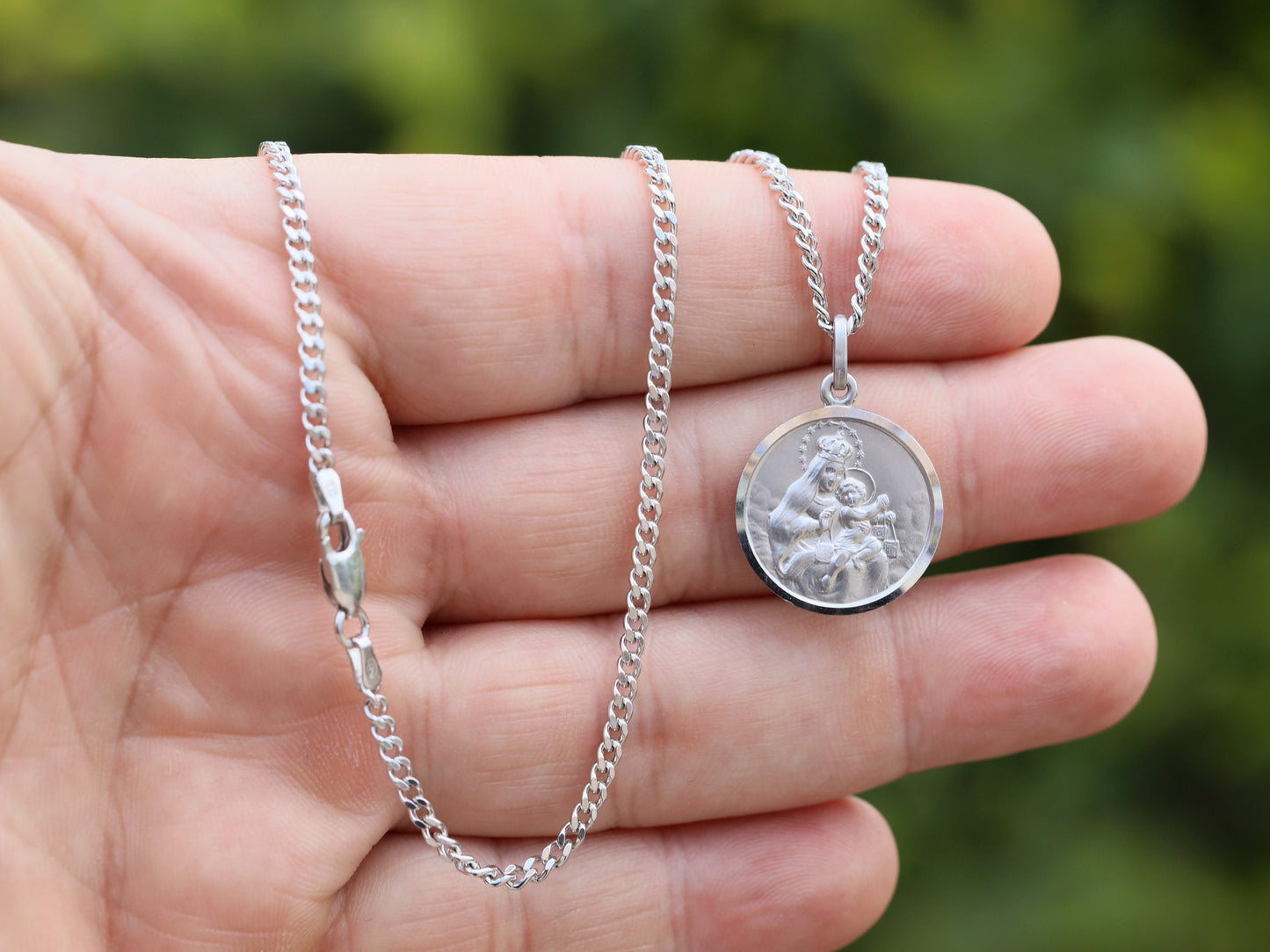 Medalla Escapulario de 19 mm, Escapulario redondo de plata de ley, medalla escapulario para hombre, Sagrado Corazón de Jesús con collar Nuestra Señora del Monte Carmelo