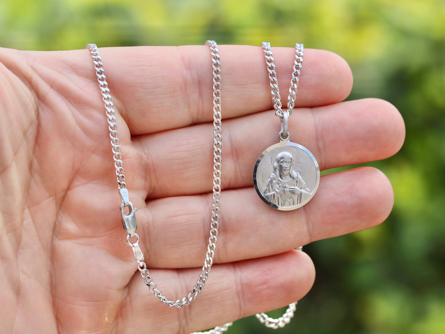 Medalla Escapulario de 19 mm, Escapulario redondo de plata de ley, medalla escapulario para hombre, Sagrado Corazón de Jesús con collar Nuestra Señora del Monte Carmelo