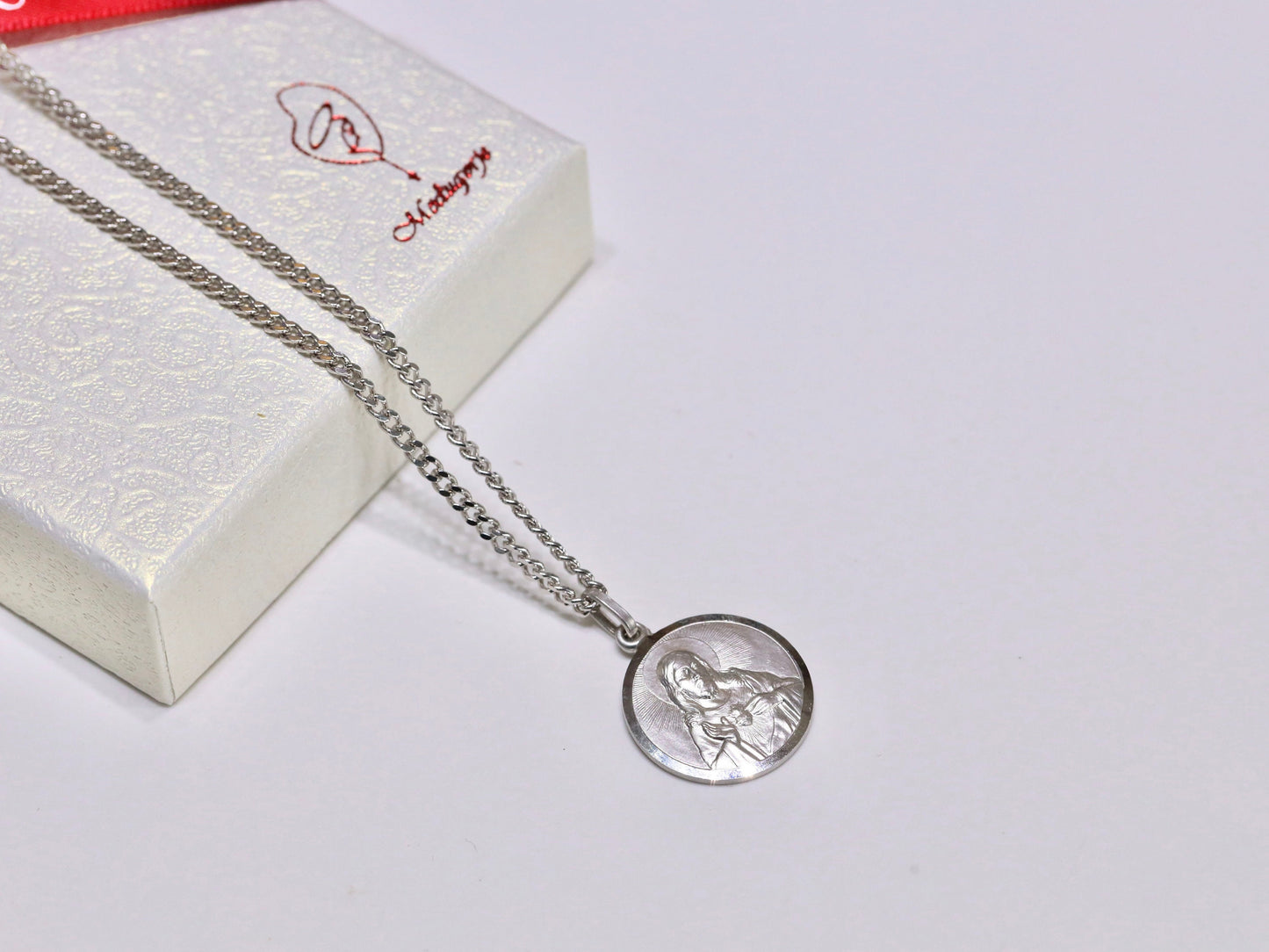 Medalla Escapulario de 19 mm, Escapulario redondo de plata de ley, medalla escapulario para hombre, Sagrado Corazón de Jesús con collar Nuestra Señora del Monte Carmelo