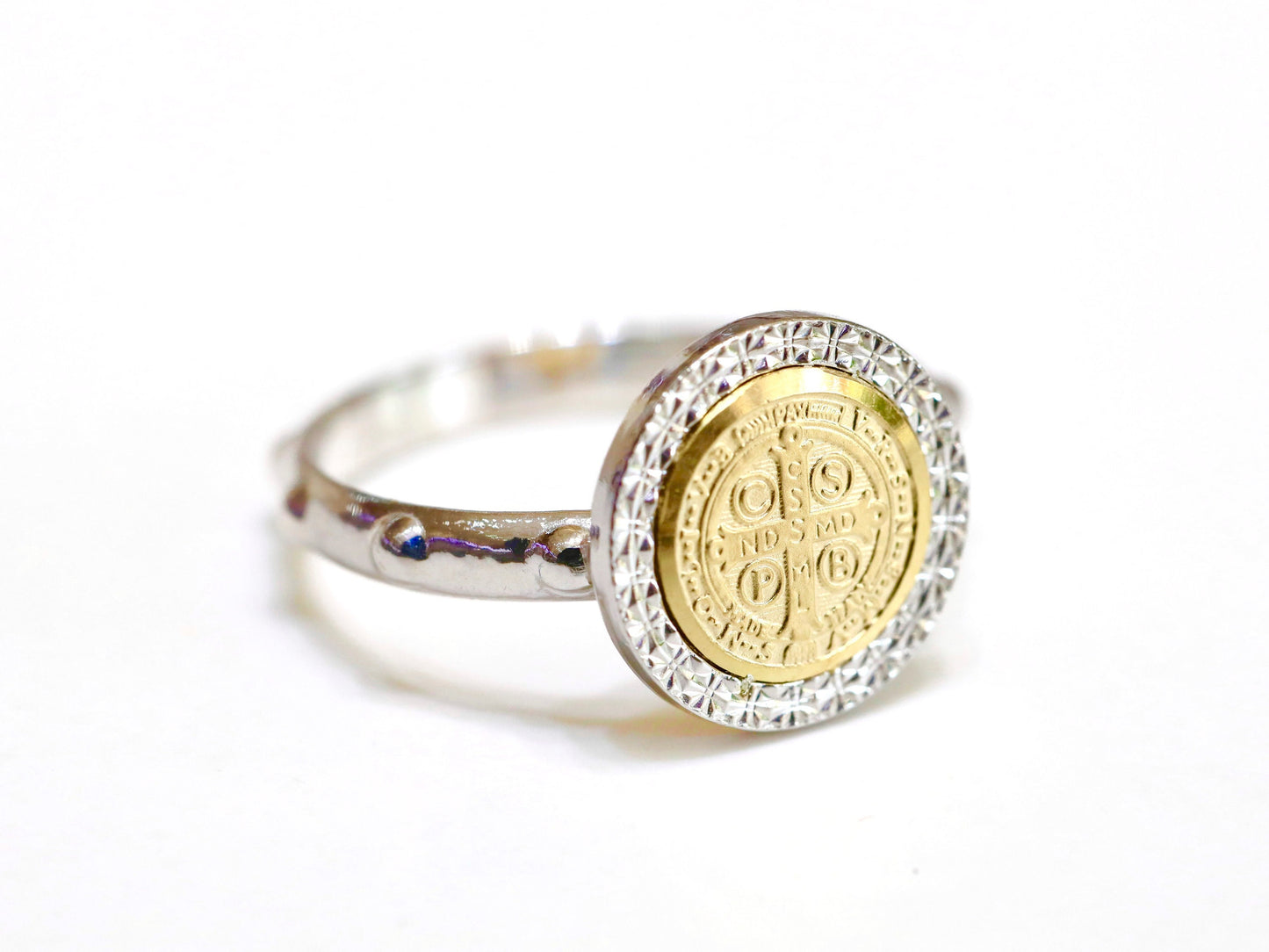 Anillo de San Benito, anillo de rosario, anillo de plata de ley 925, anillo de cruz católica, anillo de rosario talla diamante, anillo de santo católico, anillo para mujer