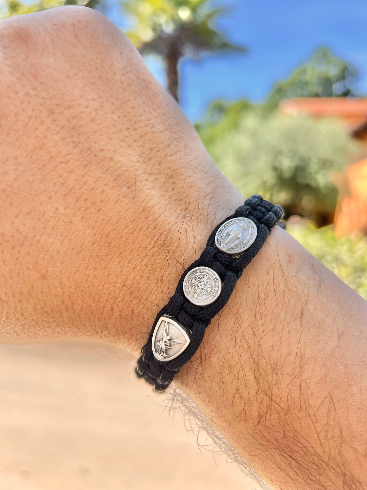 Pulsera de la Medalla Milagrosa de San Miguel San Benito para hombre, pulsera de santos católicos, pulsera Parcord, pulsera de plata, pulsera de servicio pesado