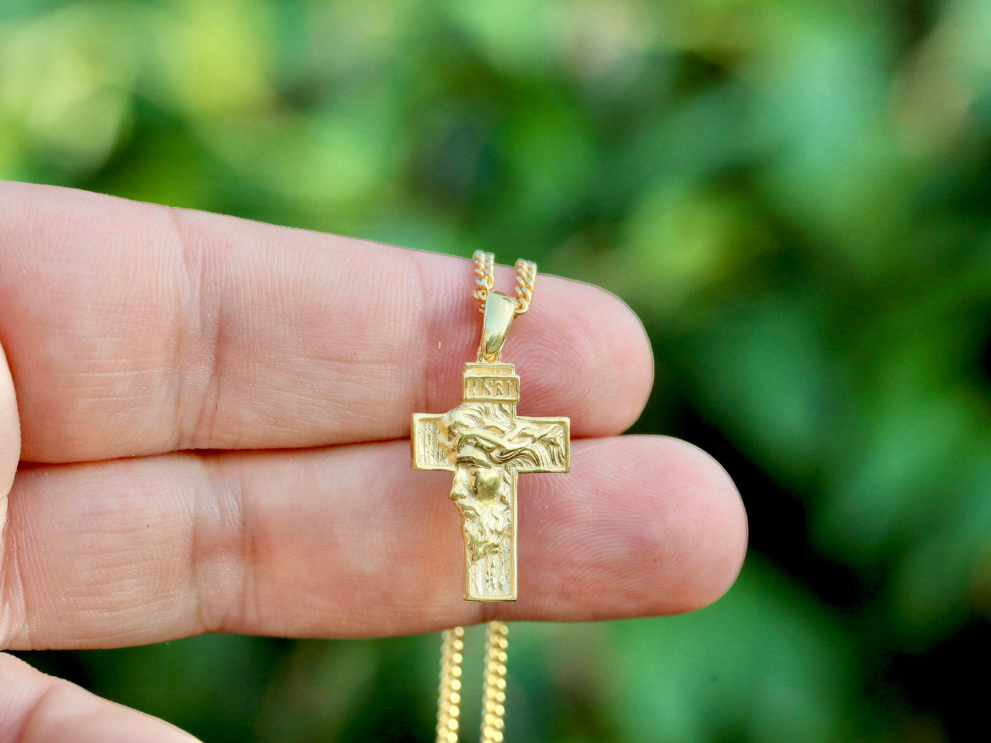 Colgante de cruz de plata de ley con rostro de Jesucristo - Chapado en oro de 18 kt - Collar opcional