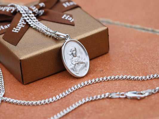 Medalla Escapulario con Sagrado Corazón y Nuestra Señora - Plata de ley chapada en rodio - Elija la longitud de su cadena, medalla escapulario marrón