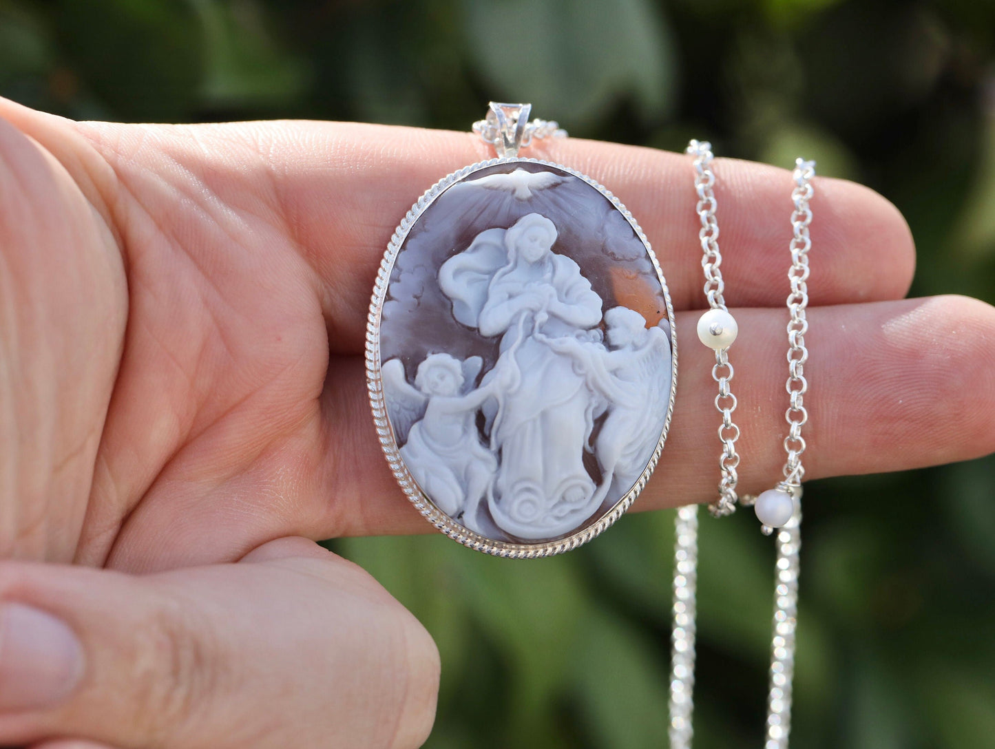 Cameo Nuestra Señora Desatadora de Nudos, cameo hecho a mano de la Virgen María que Deshace el Nudo, cameo tallado a mano de concha, camafeo genuino italiano de plata