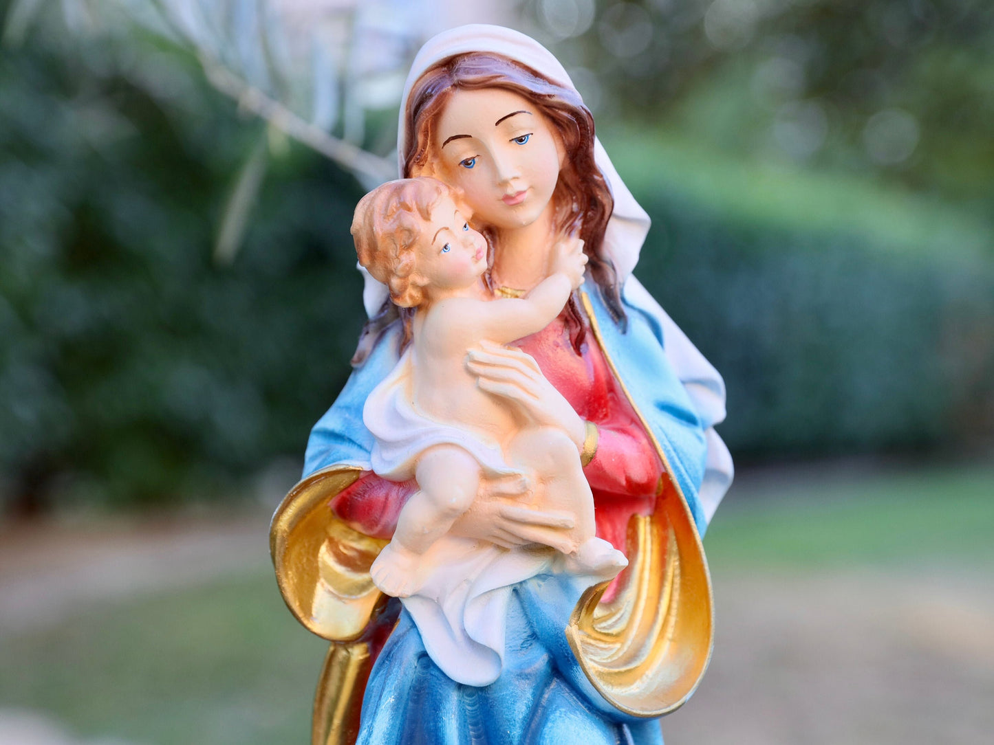 Nuestra Señora con el Niño Jesús, estatua de polvo de mármol de 12 pulgadas, estatua del altar del hogar, estatua católica, estatua pintada a mano, estilo barroco Virgen María