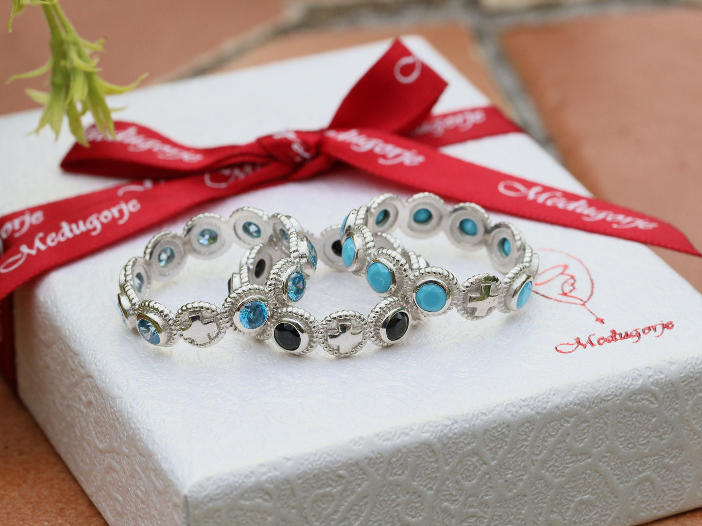 Rosary ring, sterling silver 925, one decade rosary, black rhinestone rosary ring,  cross ring, ring for catholic women, catholic rosary