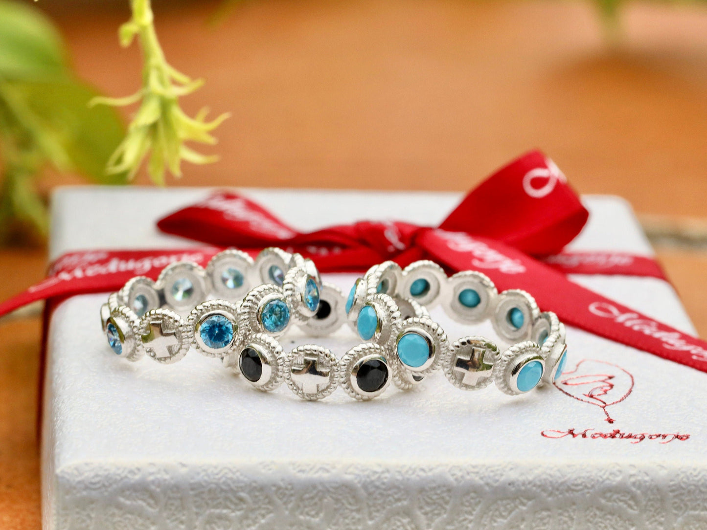 Rosary ring, sterling silver 925, one decade rosary, black rhinestone rosary ring,  cross ring, ring for catholic women, catholic rosary