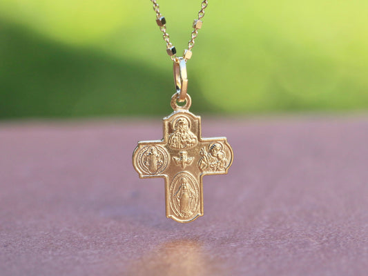18 kt gold plated Miniature 4 Way Cross Pendant - Sterling Silver Holy Spirit & St Benedict Scapular - Ideal for Catholic Women - 21x17mm