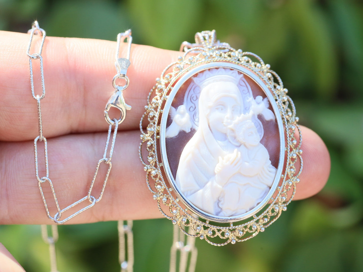 Medalla de Nuestra Señora del Perpetuo Socorro, medalla de cameo italiano, cameo de la Virgen María, cameo de concha, plata de ley, colgante de cameo genuino Torre del Greco