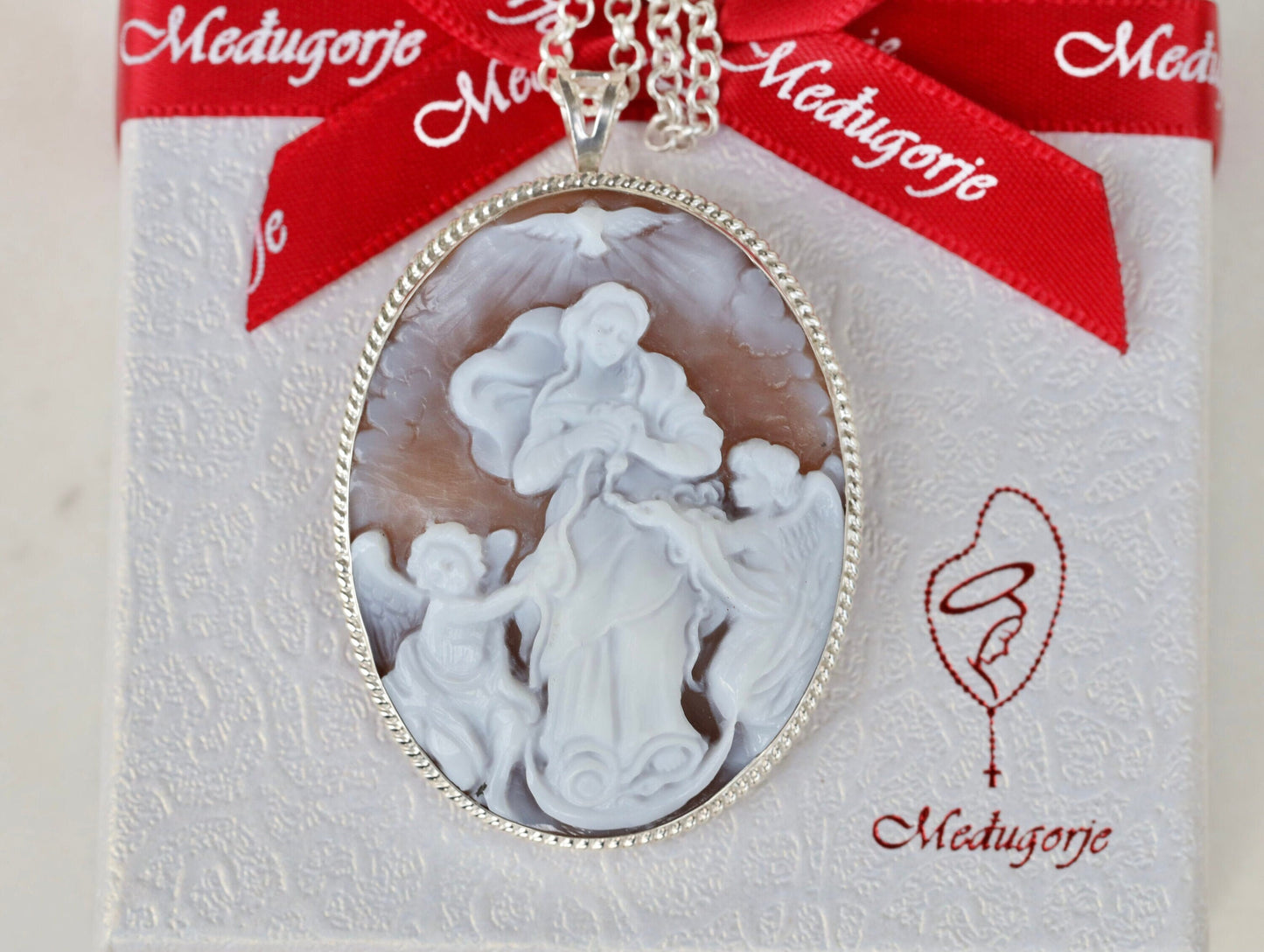 Cameo Nuestra Señora Desatadora de Nudos, cameo hecho a mano de la Virgen María que Deshace el Nudo, cameo tallado a mano de concha, camafeo genuino italiano de plata