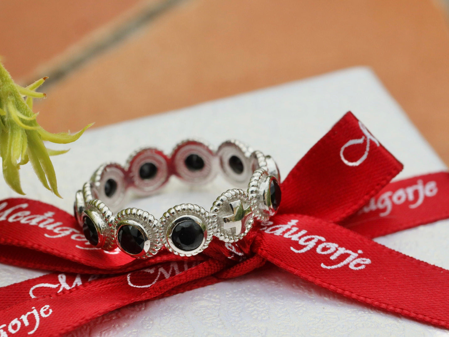 Rosary ring, sterling silver 925, one decade rosary, black rhinestone rosary ring,  cross ring, ring for catholic women, catholic rosary