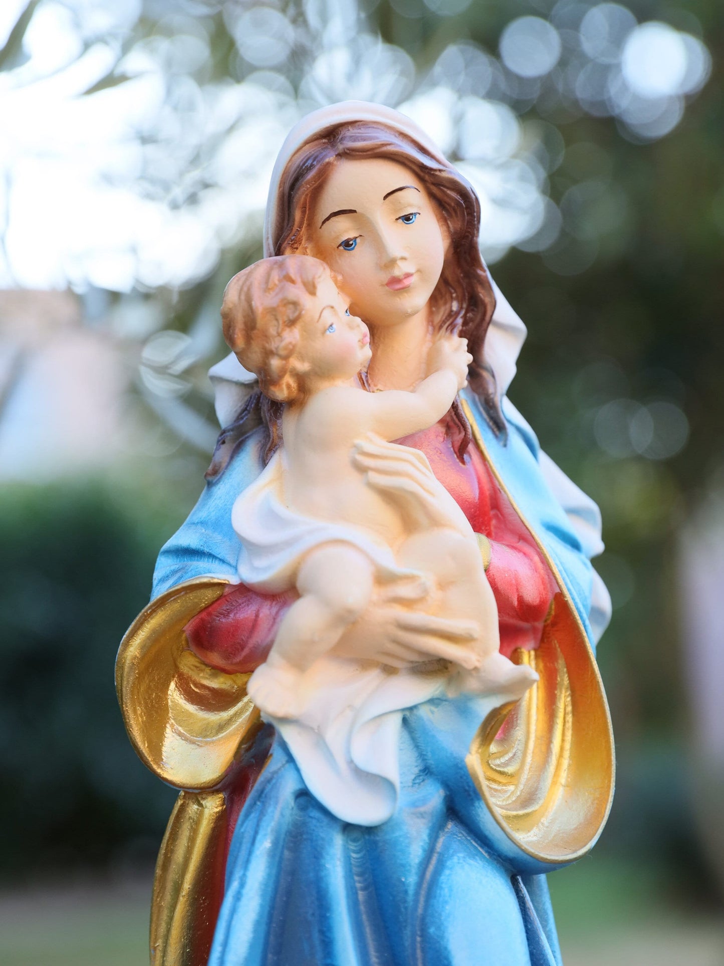 Nuestra Señora con el Niño Jesús, estatua de polvo de mármol de 12 pulgadas, estatua del altar del hogar, estatua católica, estatua pintada a mano, estilo barroco Virgen María