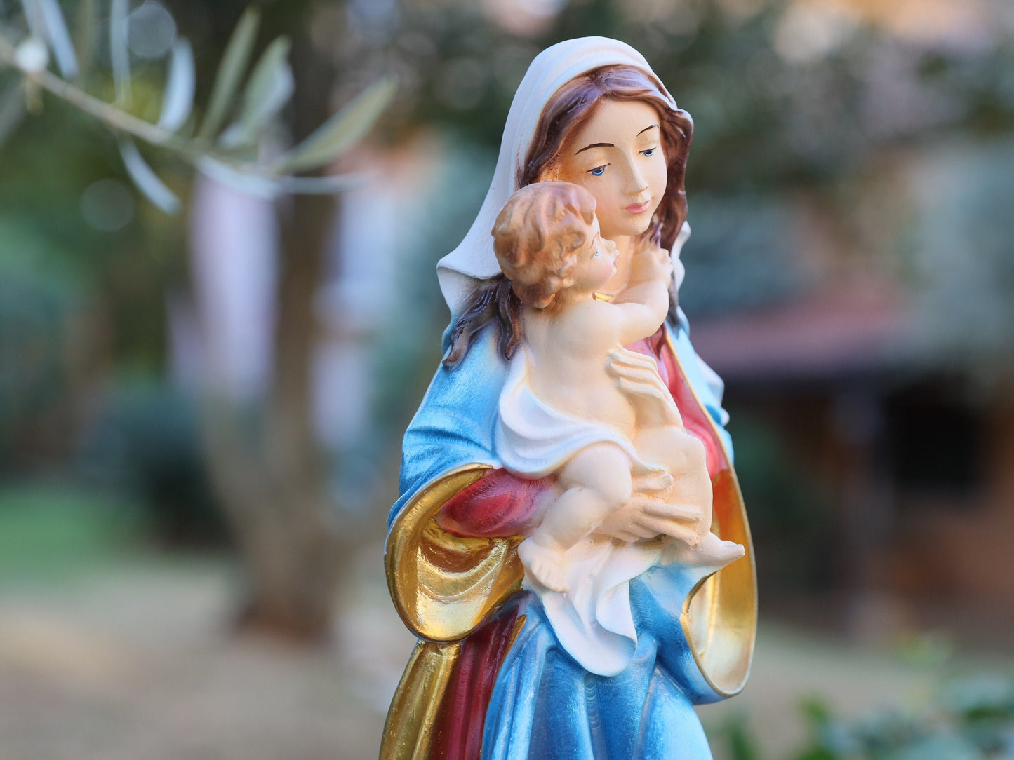 Nuestra Señora con el Niño Jesús, estatua de polvo de mármol de 12 pulgadas, estatua del altar del hogar, estatua católica, estatua pintada a mano, estilo barroco Virgen María