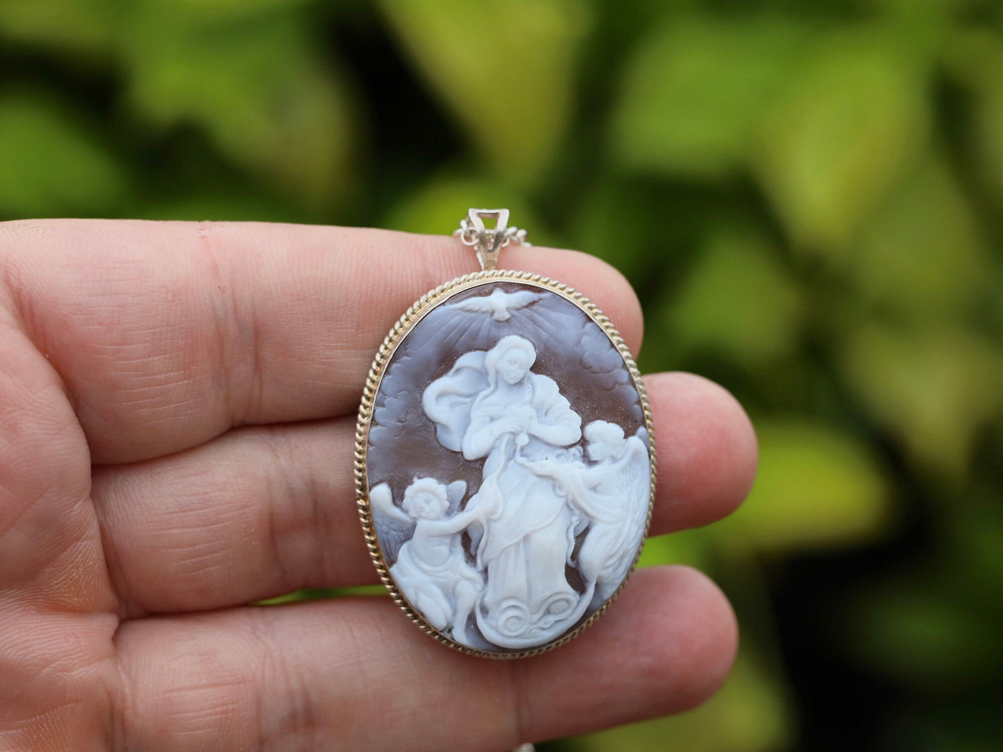 Cameo Nuestra Señora Desatadora de Nudos, cameo hecho a mano de la Virgen María que Deshace el Nudo, cameo tallado a mano de concha, camafeo genuino italiano de plata