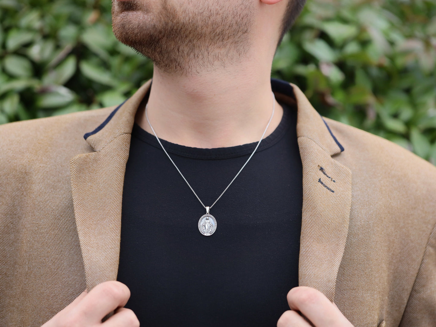 Medalla milagrosa para hombre de tamaño mediano, ovalada Medalla Milagrosa de plata de ley 925, Medalla Milagrosa para adolescente oxidada de 22 mm