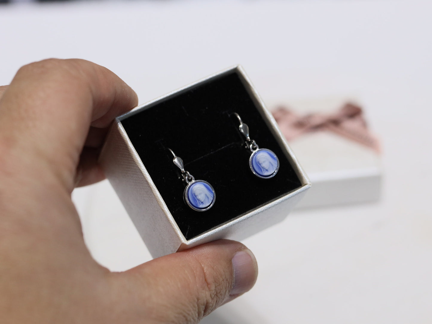 Dainty Virgin Mary Cameo Earrings for Catholic Women - Sterling Silver & Agate - Rhodium Plated, 8 mm small cameo earrings for teenage girl