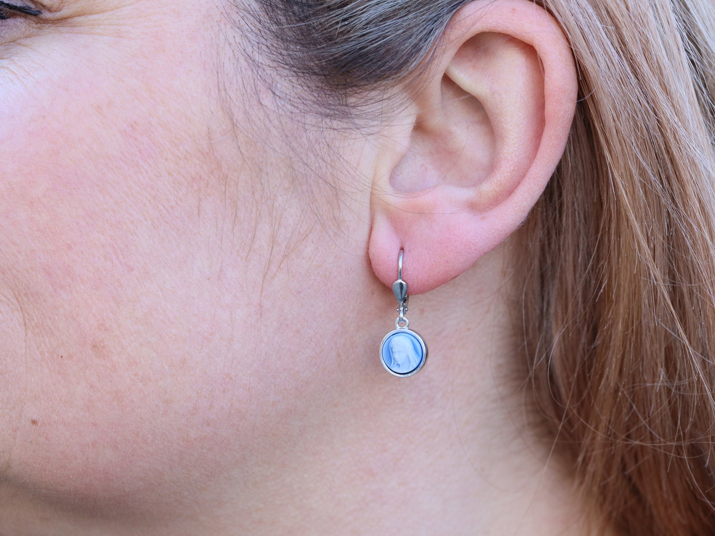 Dainty Virgin Mary Cameo Earrings for Catholic Women - Sterling Silver & Agate - Rhodium Plated, 8 mm small cameo earrings for teenage girl