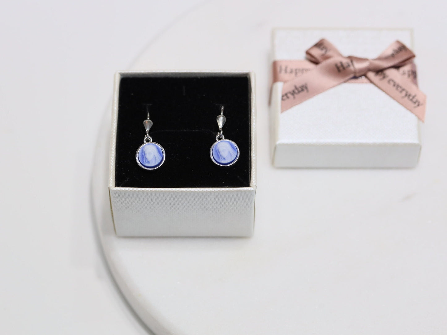Dainty Virgin Mary Cameo Earrings for Catholic Women - Sterling Silver & Agate - Rhodium Plated, 8 mm small cameo earrings for teenage girl