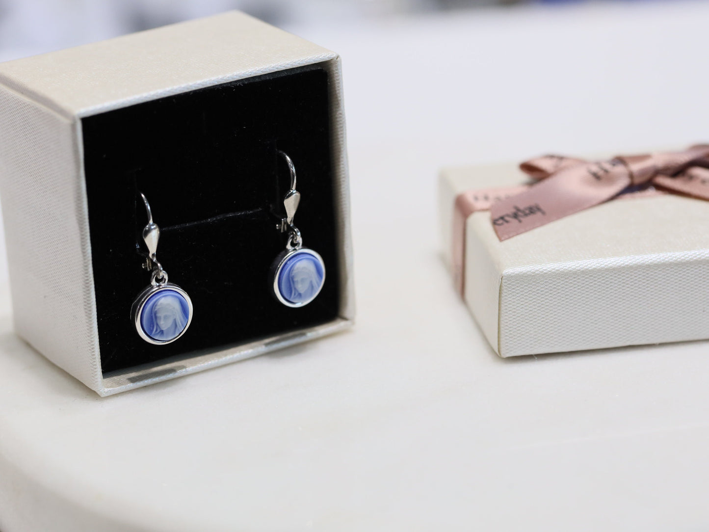 Dainty Virgin Mary Cameo Earrings for Catholic Women - Sterling Silver & Agate - Rhodium Plated, 8 mm small cameo earrings for teenage girl