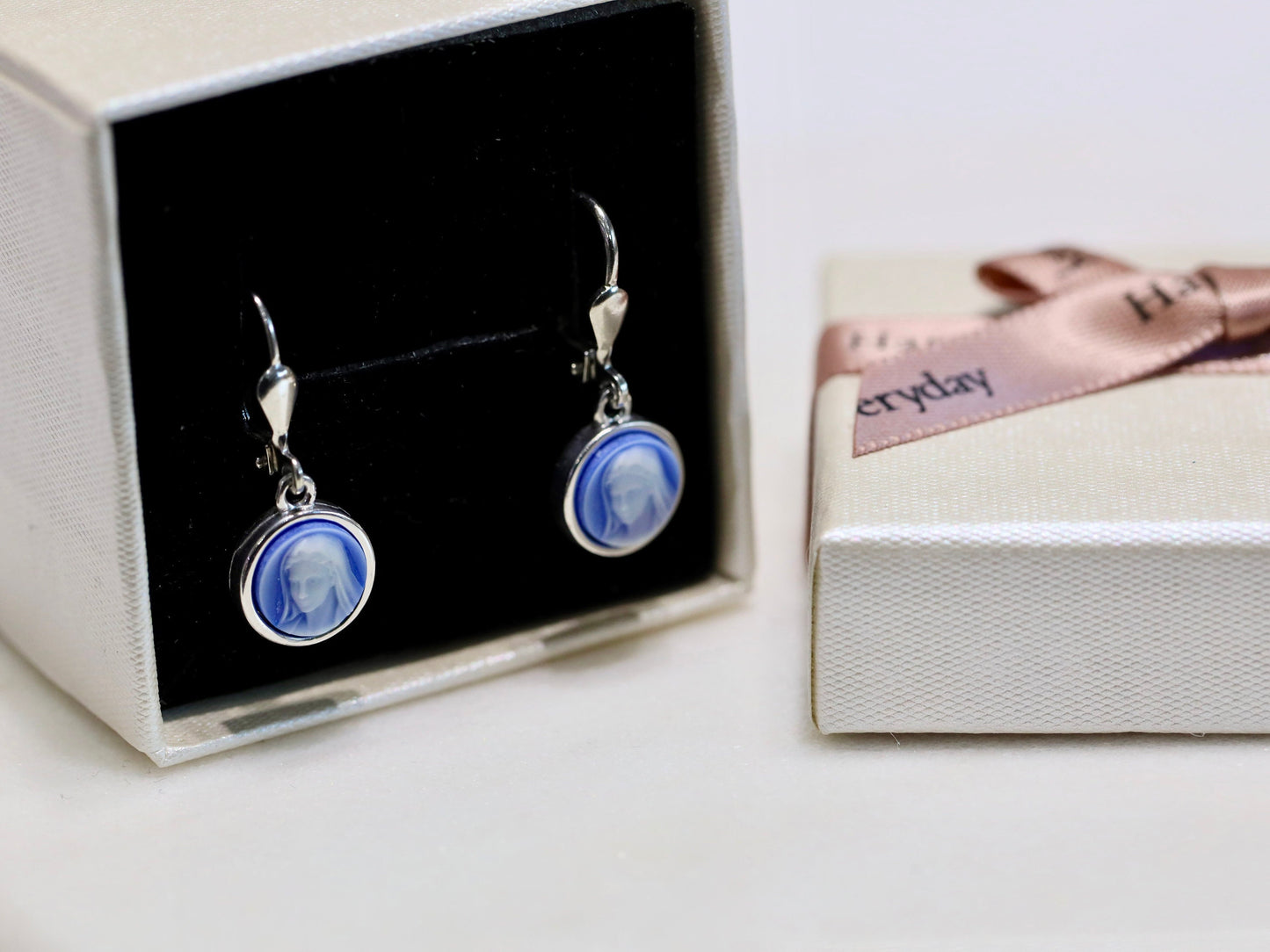 Dainty Virgin Mary Cameo Earrings for Catholic Women - Sterling Silver & Agate - Rhodium Plated, 8 mm small cameo earrings for teenage girl